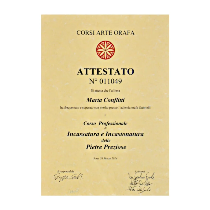 attestato certificato corso incassatura e incastonatura di pietre preziose marta conflitti